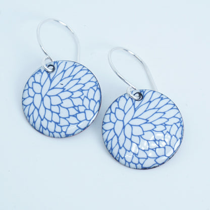 Blue Flower Accents on White Enamel Disc Earrings