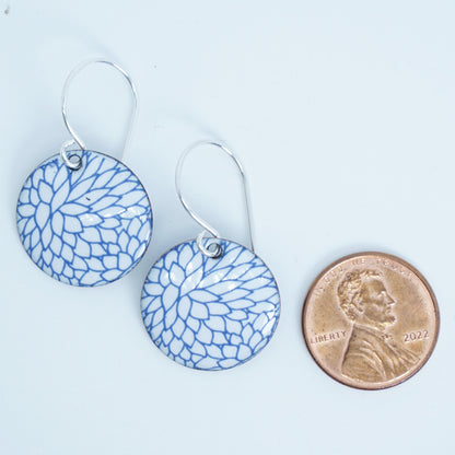 Blue Flower Accents on White Enamel Disc Earrings