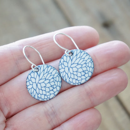 Blue Flower Accents on White Enamel Disc Earrings