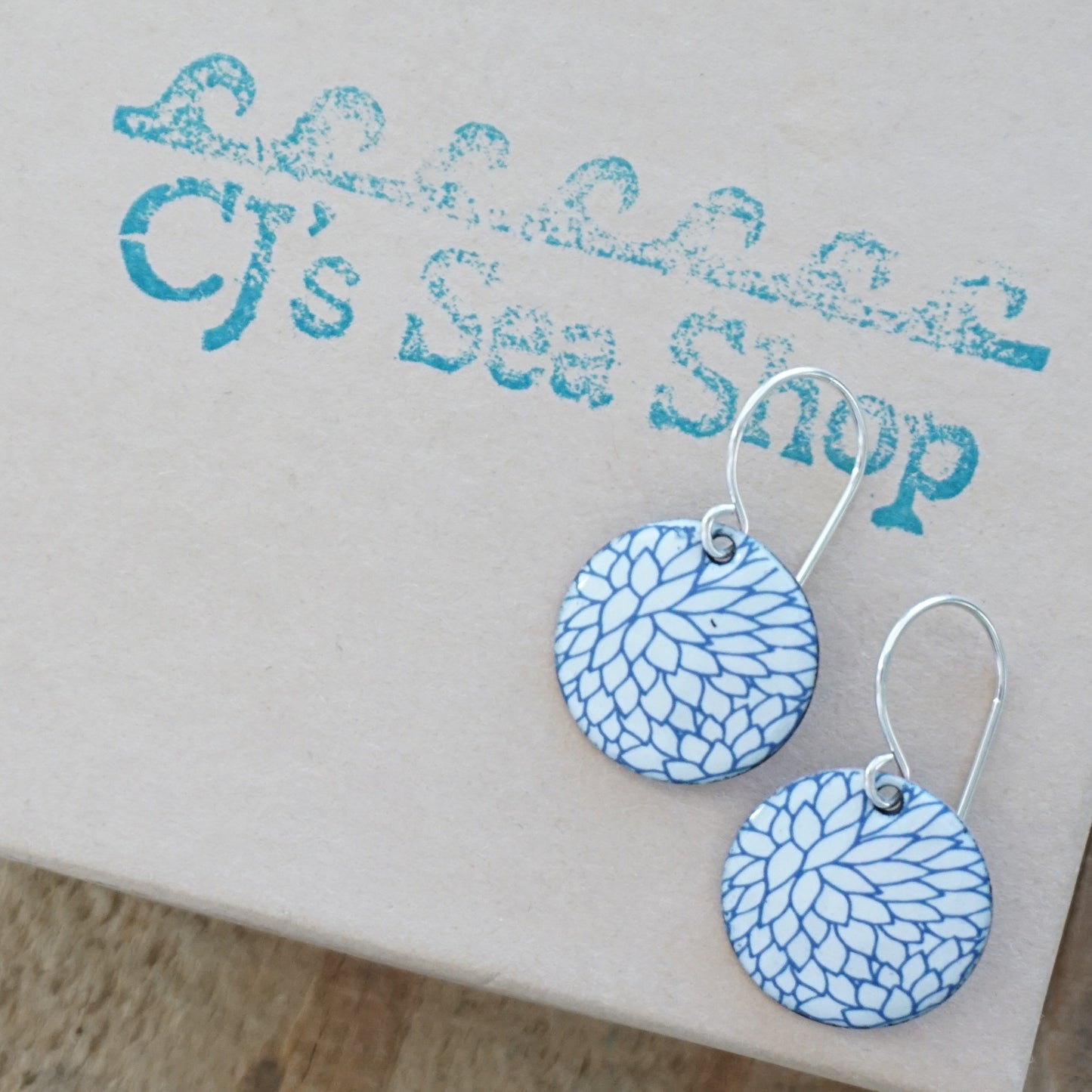 Blue Flower Accents on White Enamel Disc Earrings