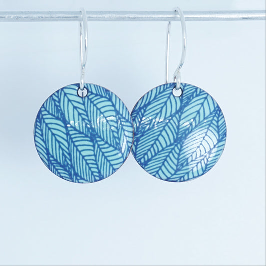 Blue Leaf Accents on Seafoam Green Enamel Disc Earrings