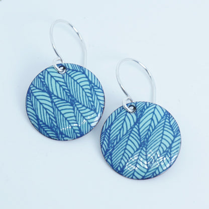 Blue Leaf Accents on Seafoam Green Enamel Disc Earrings