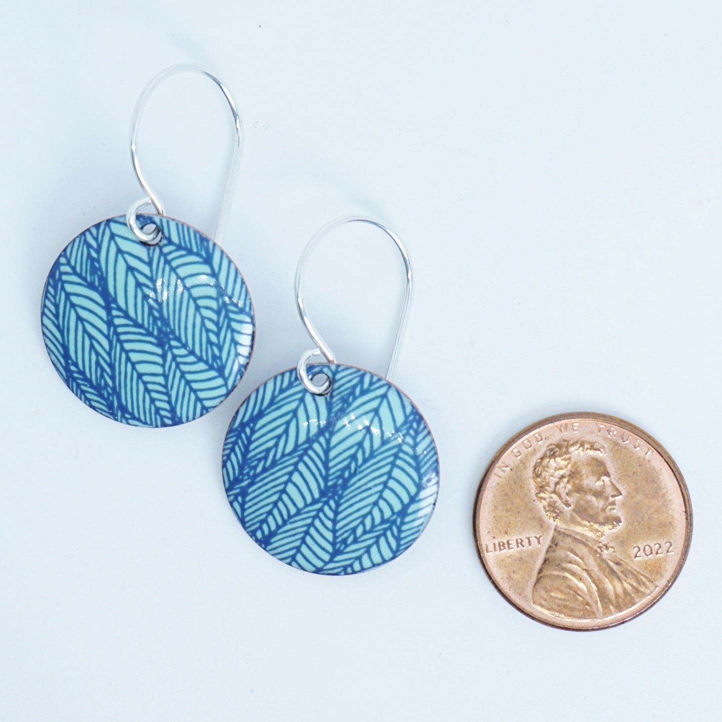 Blue Leaf Accents on Seafoam Green Enamel Disc Earrings