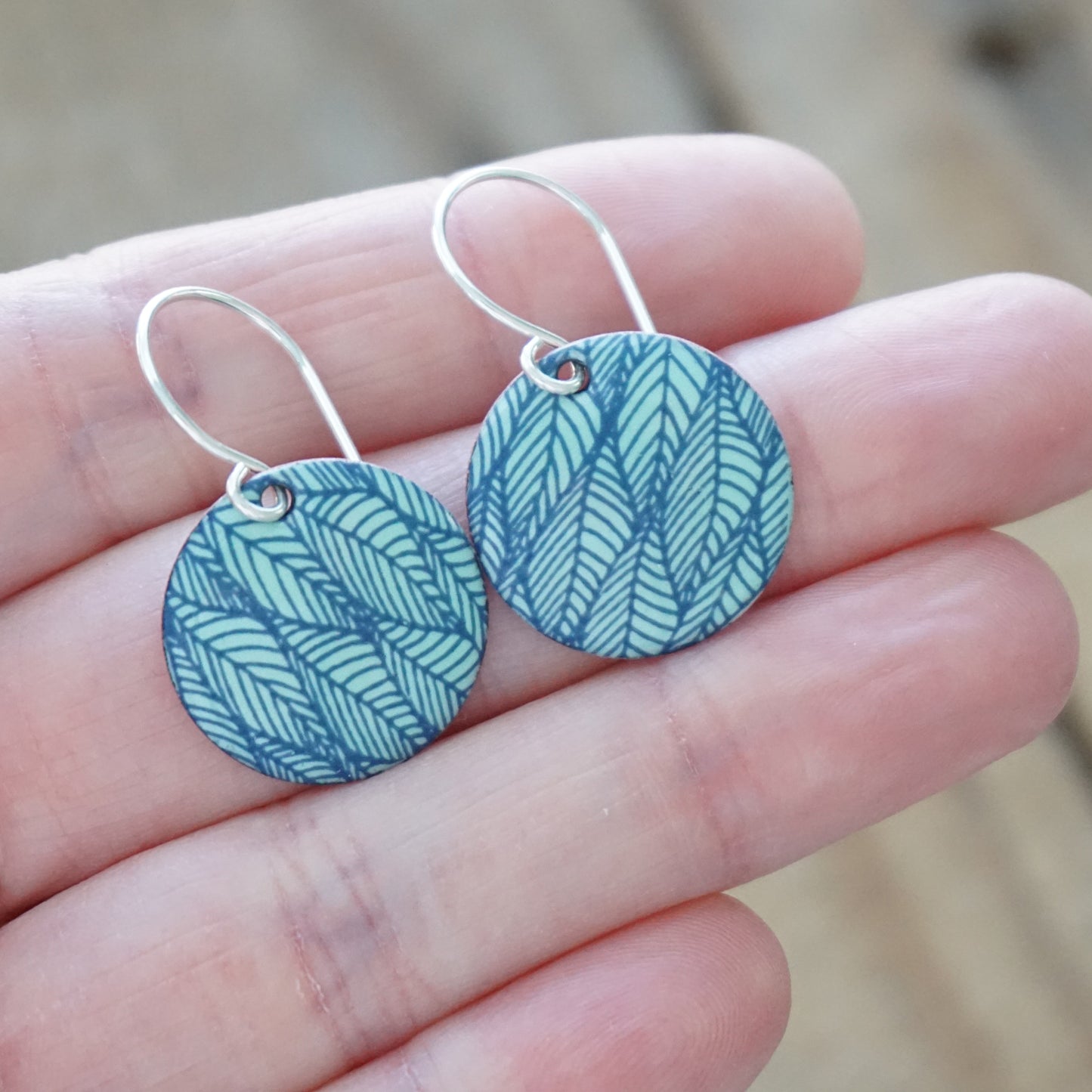 Blue Leaf Accents on Seafoam Green Enamel Disc Earrings