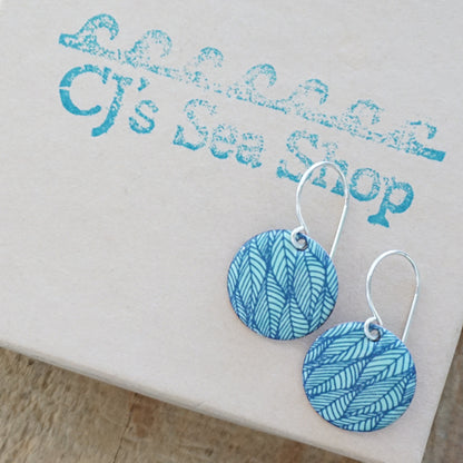 Blue Leaf Accents on Seafoam Green Enamel Disc Earrings