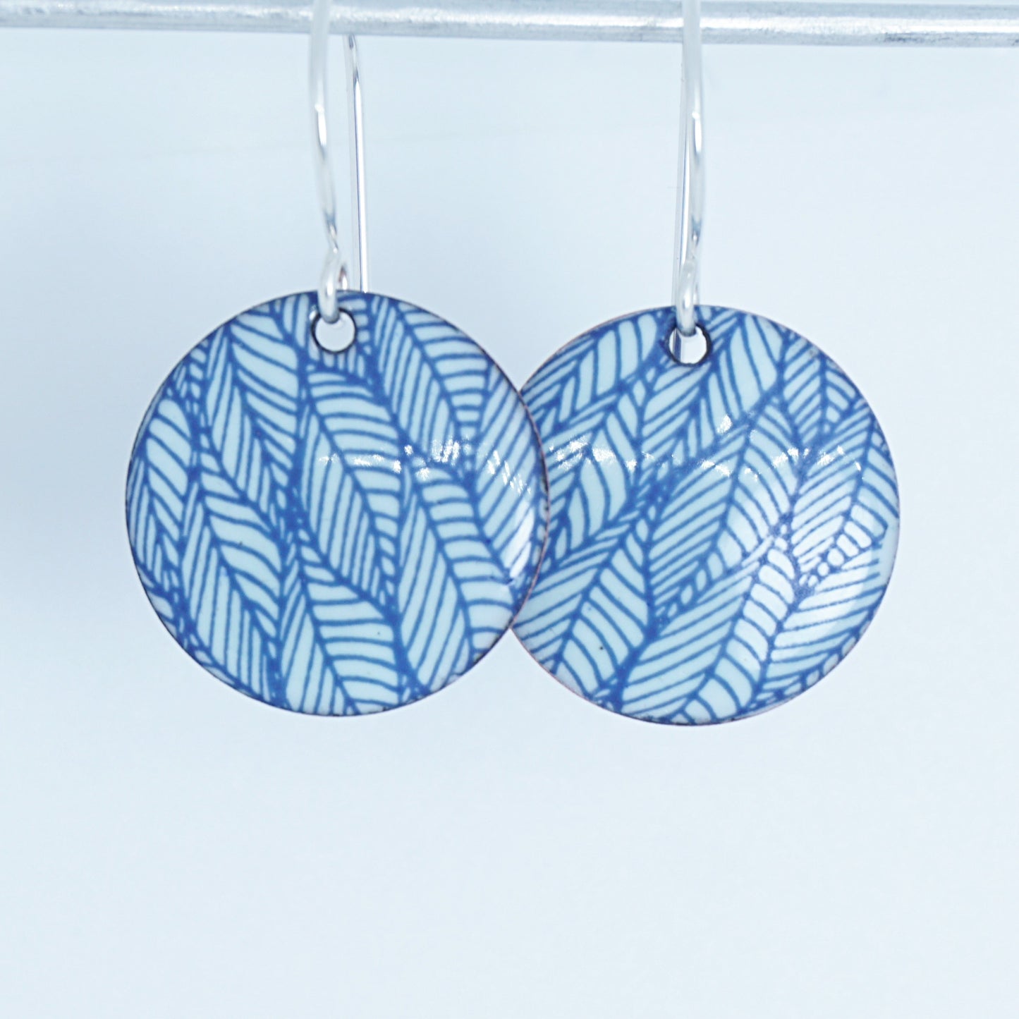 Blue Leaf Accents on Light Seafoam Green Enamel Disc Earrings