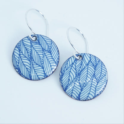 Blue Leaf Accents on Light Seafoam Green Enamel Disc Earrings