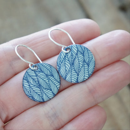 Blue Leaf Accents on Light Seafoam Green Enamel Disc Earrings