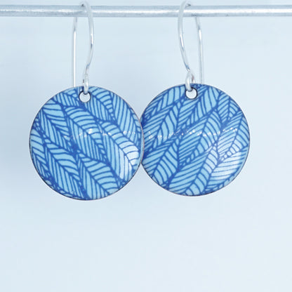 Blue Leaf Accents on Light Blue Enamel Disc Earrings