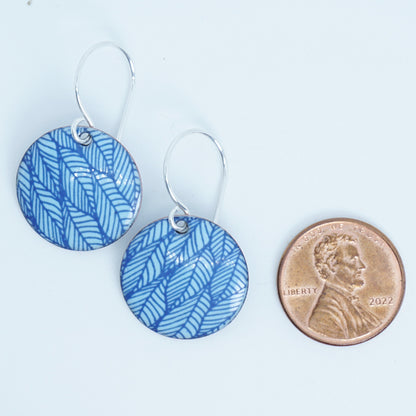 Blue Leaf Accents on Light Blue Enamel Disc Earrings