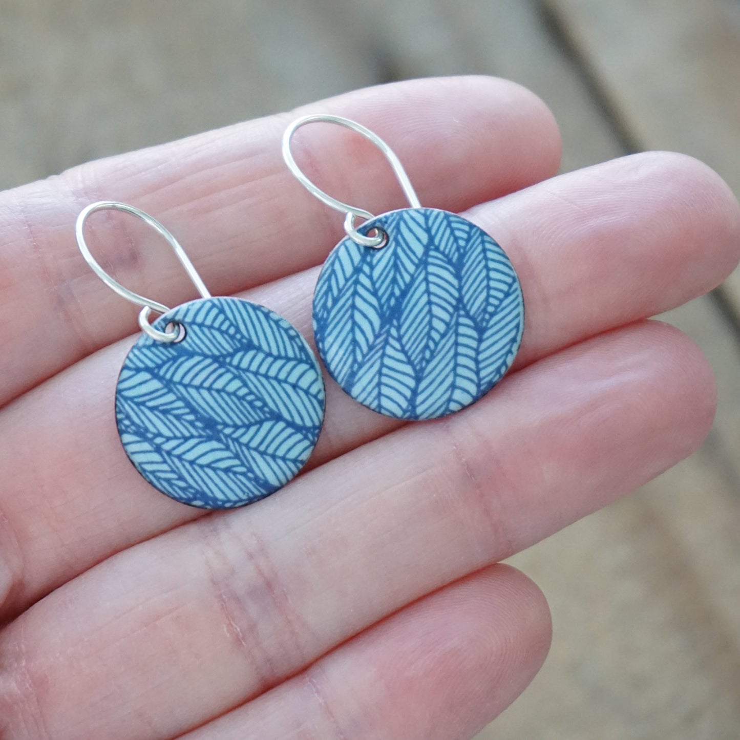 Blue Leaf Accents on Light Blue Enamel Disc Earrings