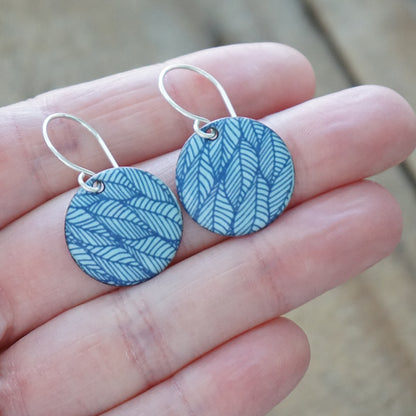 Blue Leaf Accents on Light Blue Enamel Disc Earrings