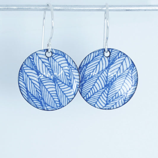 Blue Leaf Accents on White Enamel Disc Earrings