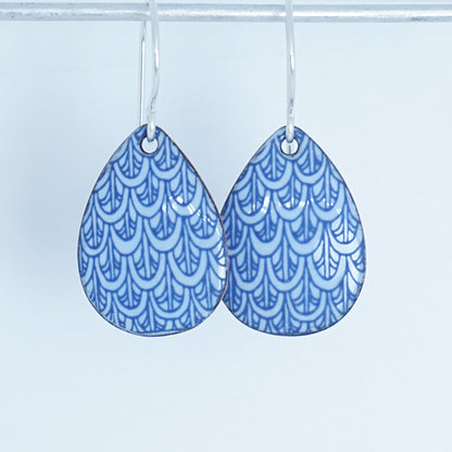 Blue Mermaid Scale Accents on Light Periwinkle Enamel Teardrop Earrings