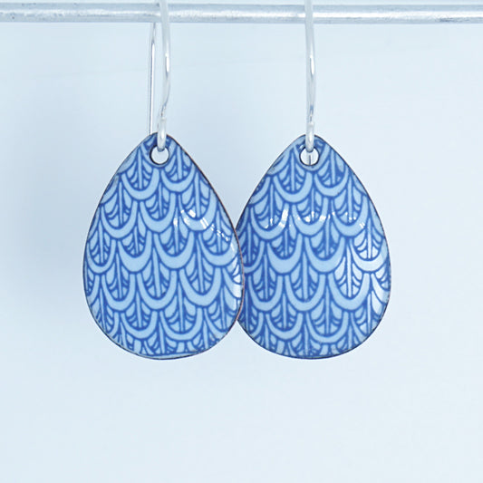 Blue Mermaid Scale Accents on Light Periwinkle Enamel Teardrop Earrings