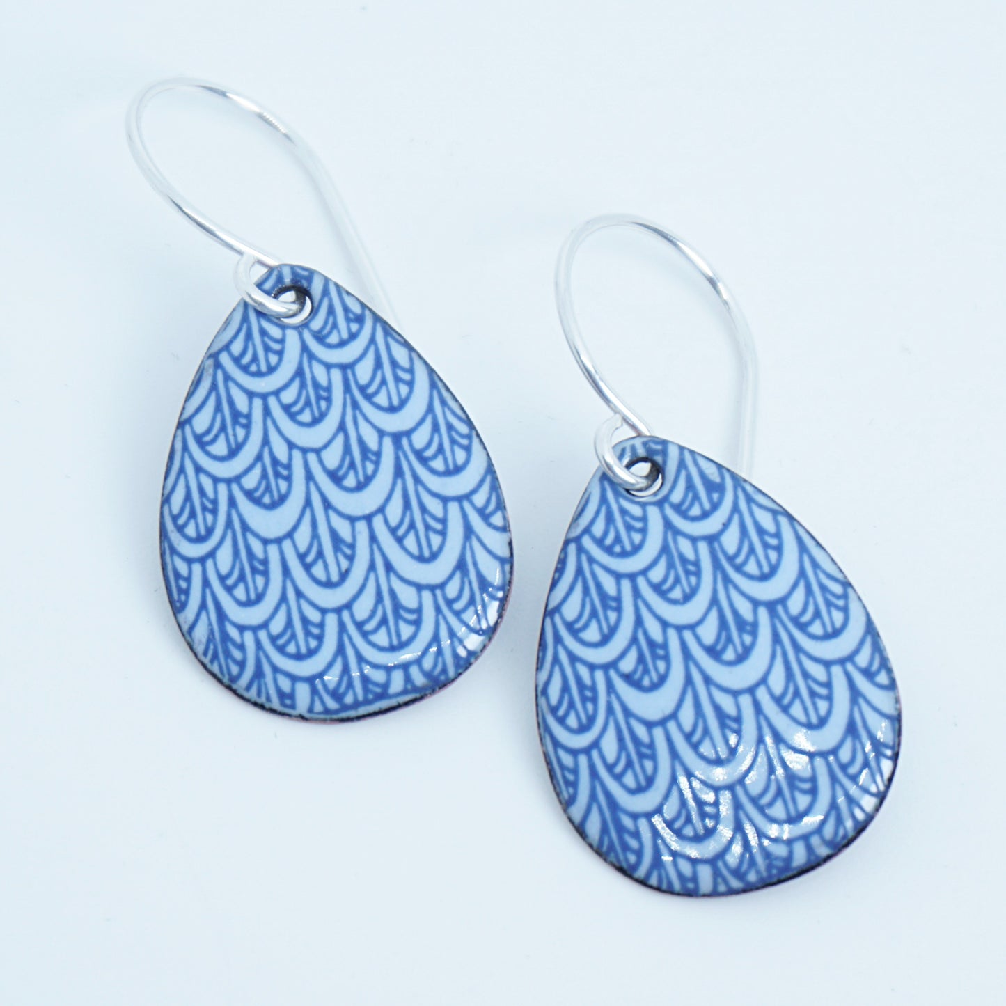 Blue Mermaid Scale Accents on Light Periwinkle Enamel Teardrop Earrings