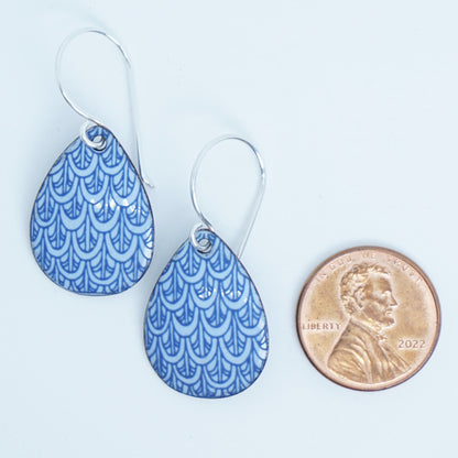 Blue Mermaid Scale Accents on Light Periwinkle Enamel Teardrop Earrings