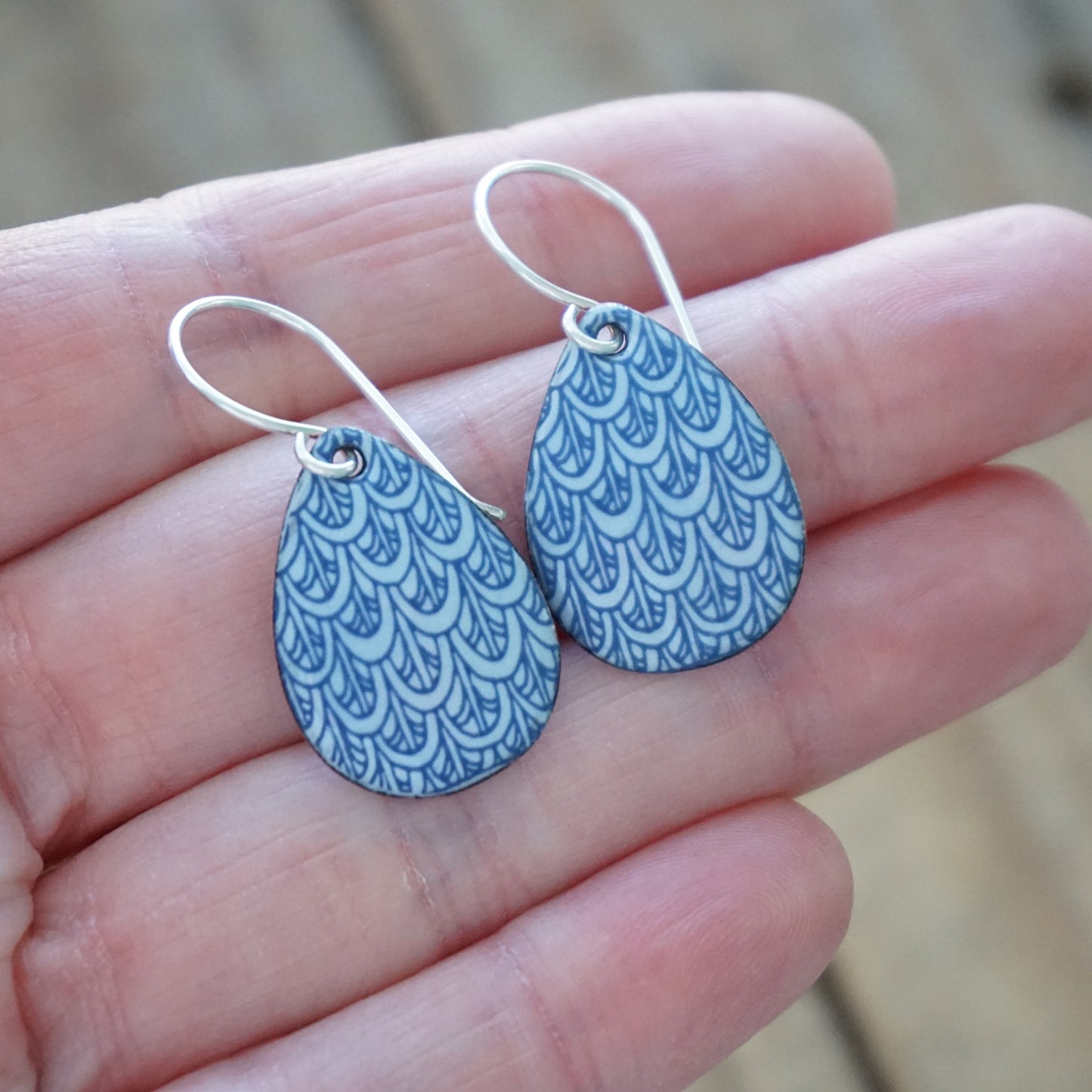 Blue Mermaid Scale Accents on Light Periwinkle Enamel Teardrop Earrings