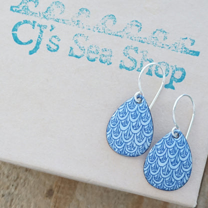 Blue Mermaid Scale Accents on Light Periwinkle Enamel Teardrop Earrings