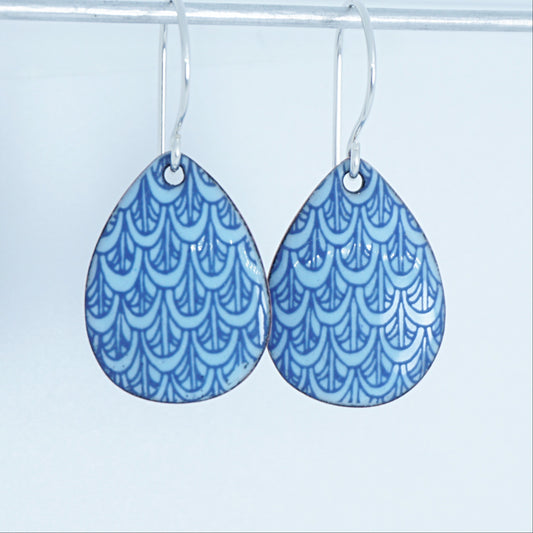 Blue Mermaid Scale Accents on Light Blue Enamel Teardrop Earrings