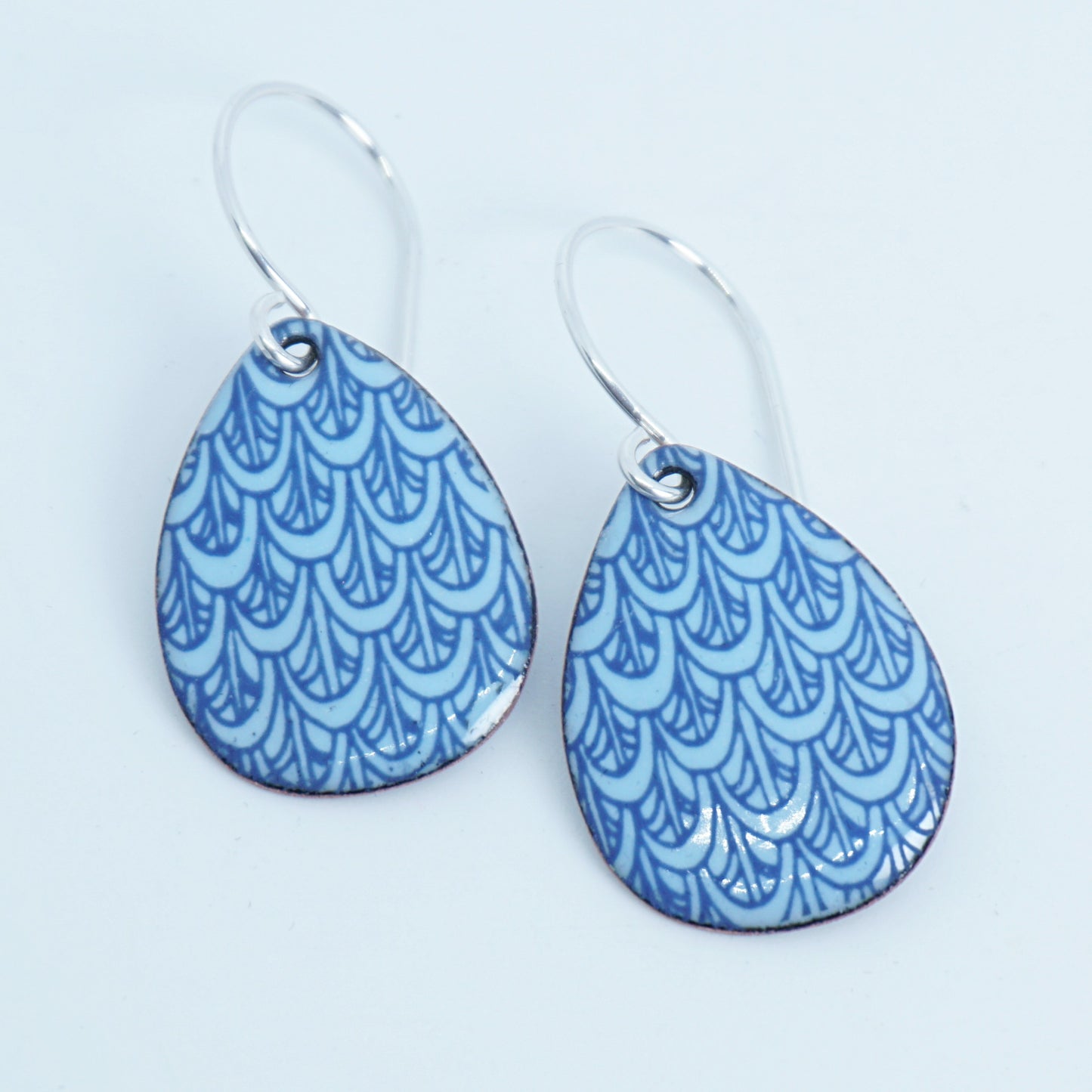 Blue Mermaid Scale Accents on Light Blue Enamel Teardrop Earrings