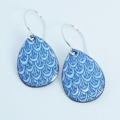 Blue Mermaid Scale Accents on Light Blue Enamel Teardrop Earrings