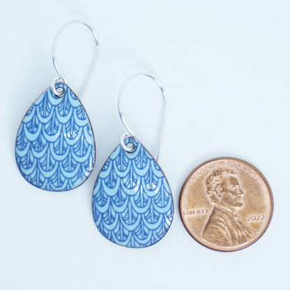 Blue Mermaid Scale Accents on Light Blue Enamel Teardrop Earrings