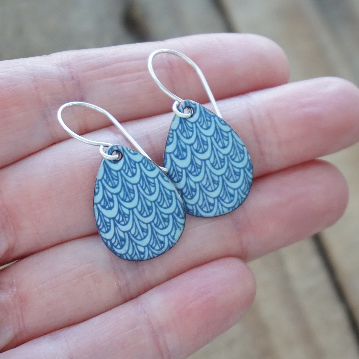 Blue Mermaid Scale Accents on Light Blue Enamel Teardrop Earrings