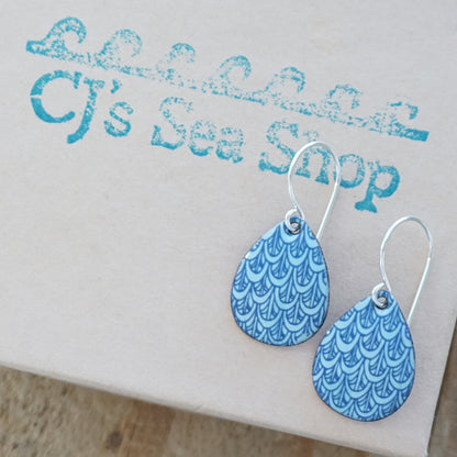 Blue Mermaid Scale Accents on Light Blue Enamel Teardrop Earrings