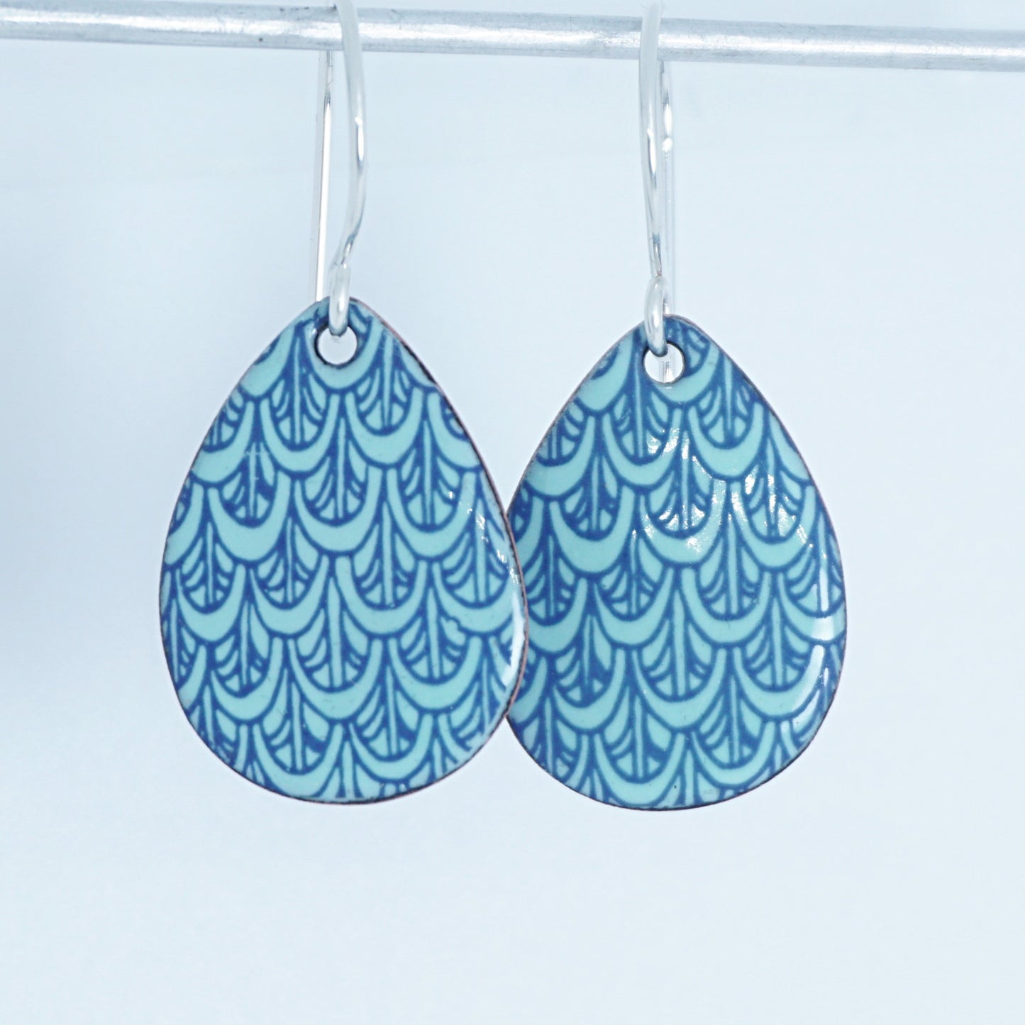 Blue Mermaid Scale Accents on Seafoam Green Enamel Teardrop Earrings