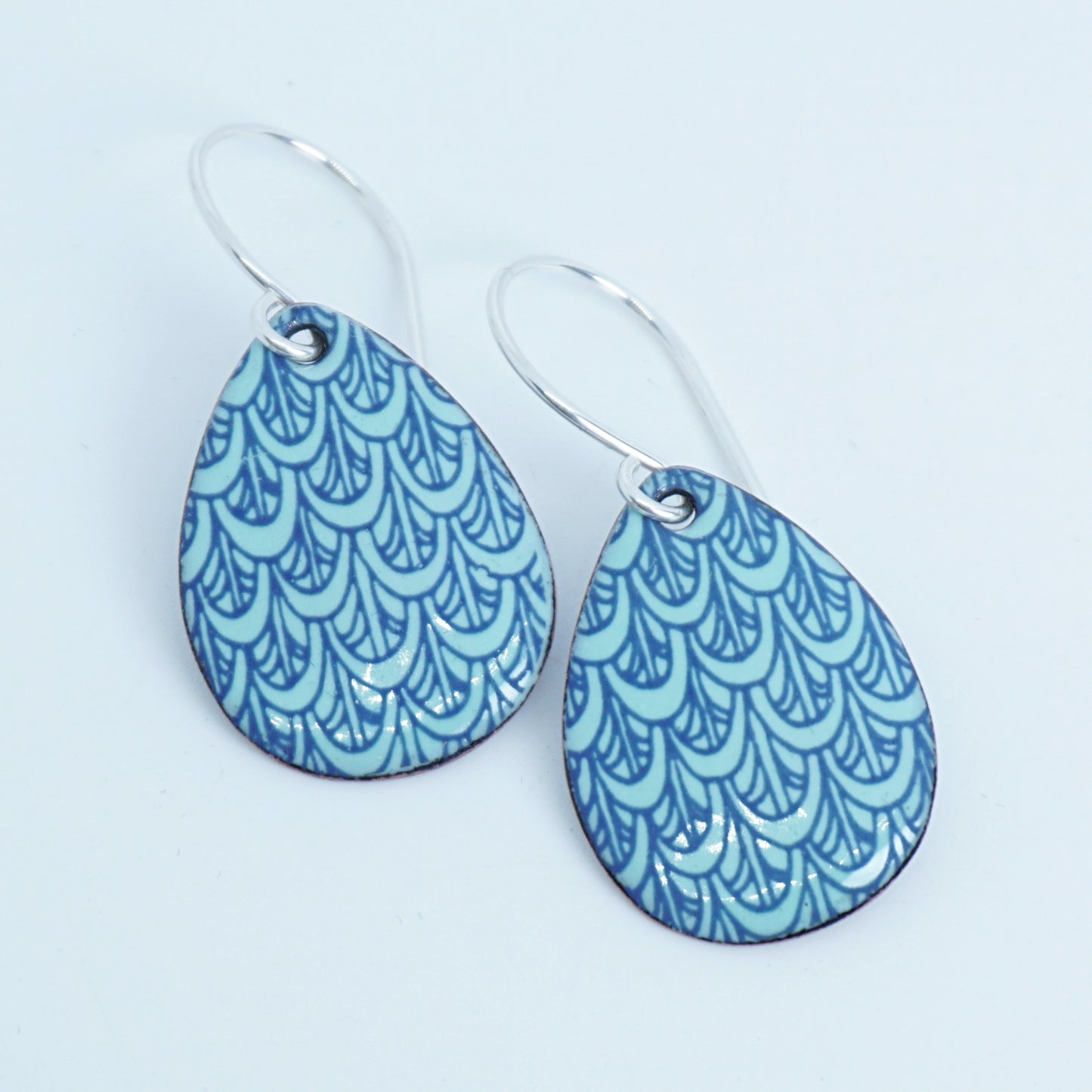 Blue Mermaid Scale Accents on Seafoam Green Enamel Teardrop Earrings