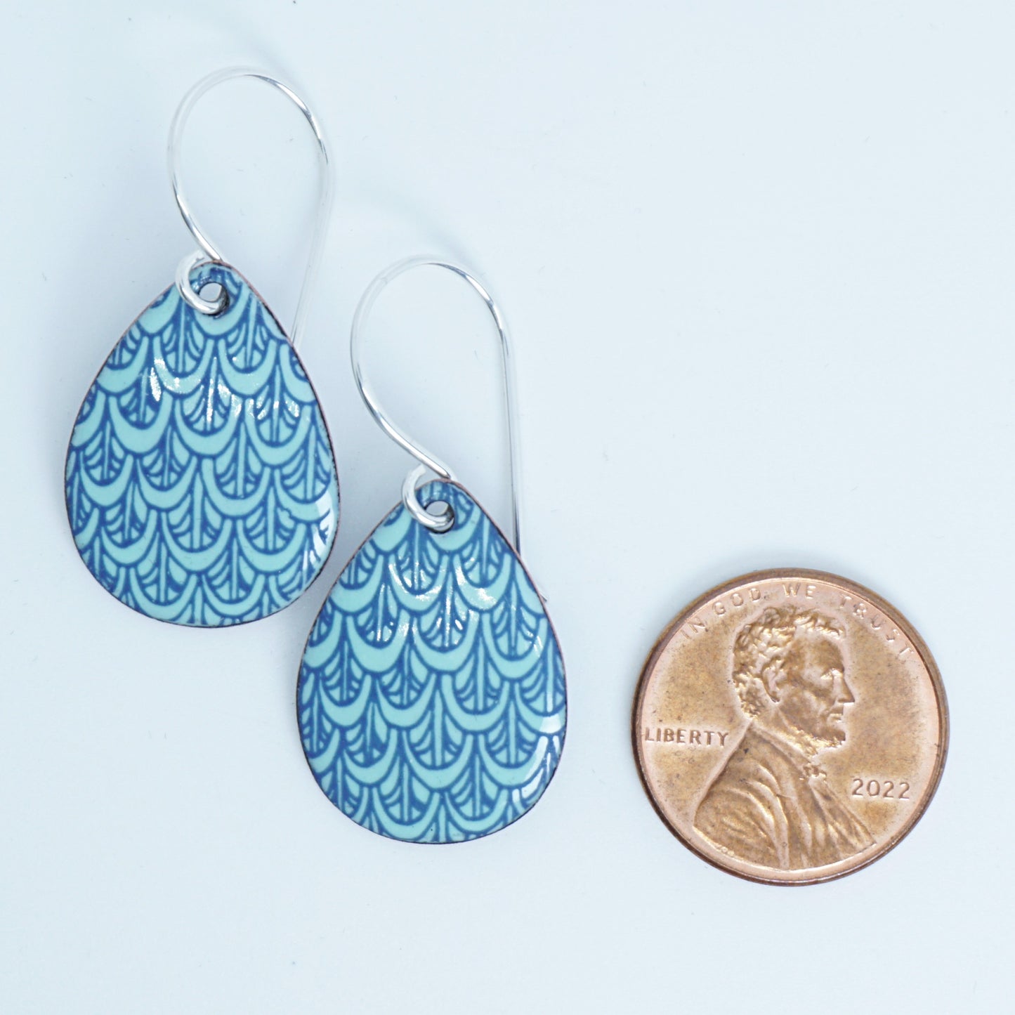 Blue Mermaid Scale Accents on Seafoam Green Enamel Teardrop Earrings