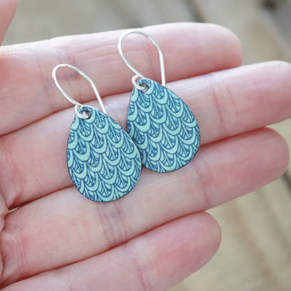 Blue Mermaid Scale Accents on Seafoam Green Enamel Teardrop Earrings