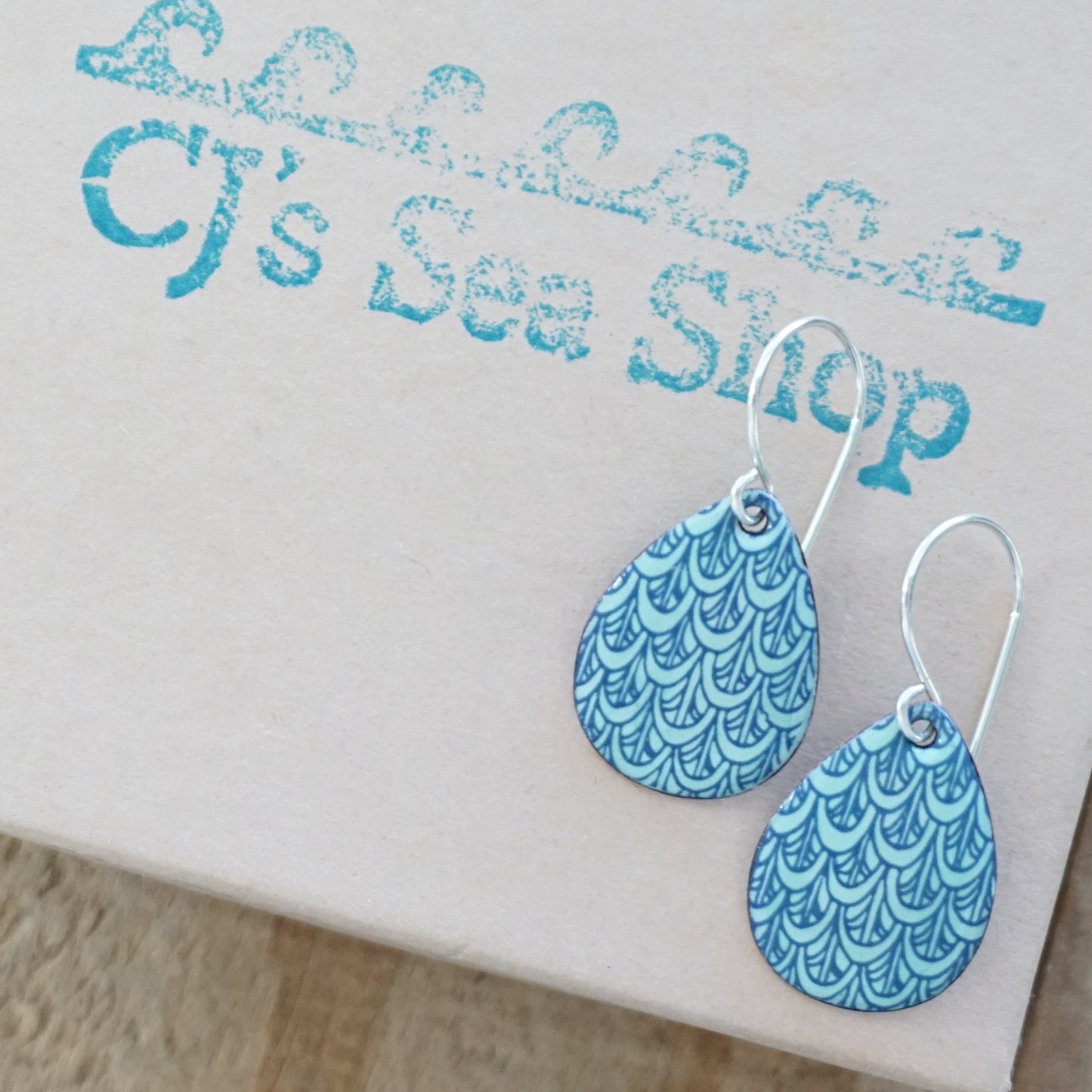 Blue Mermaid Scale Accents on Seafoam Green Enamel Teardrop Earrings