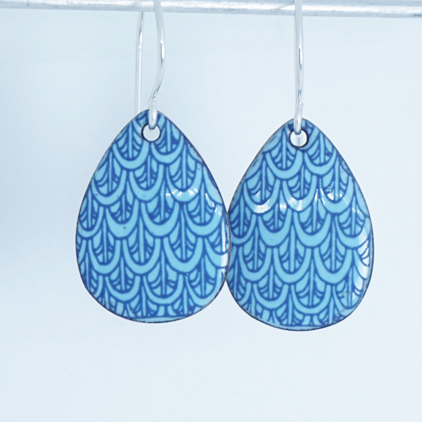 Blue Mermaid Scale Accents on Light Blue Enamel Teardrop Earrings