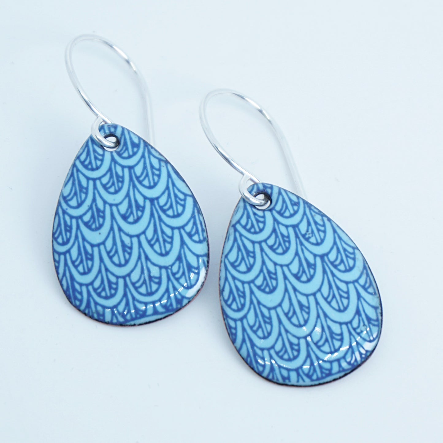 Blue Mermaid Scale Accents on Light Blue Enamel Teardrop Earrings