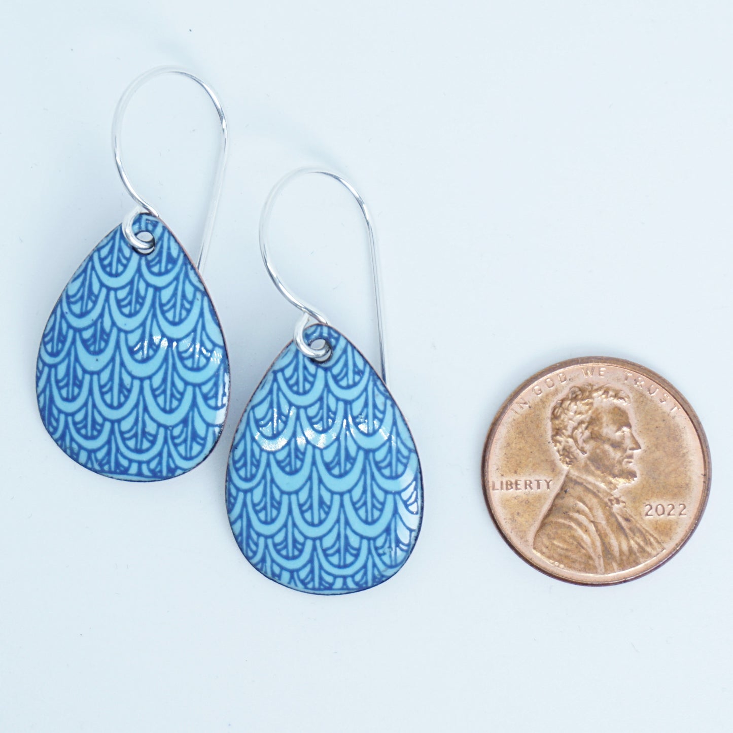 Blue Mermaid Scale Accents on Light Blue Enamel Teardrop Earrings