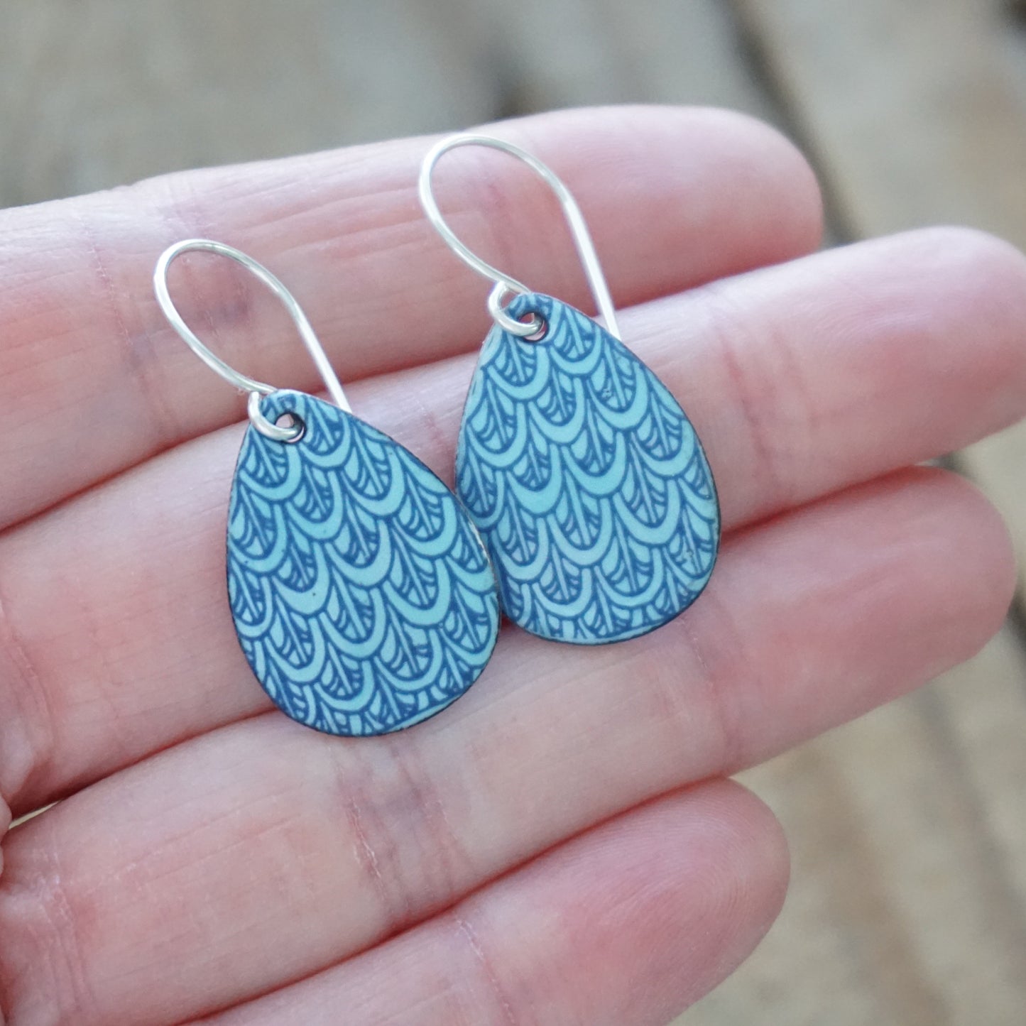 Blue Mermaid Scale Accents on Light Blue Enamel Teardrop Earrings