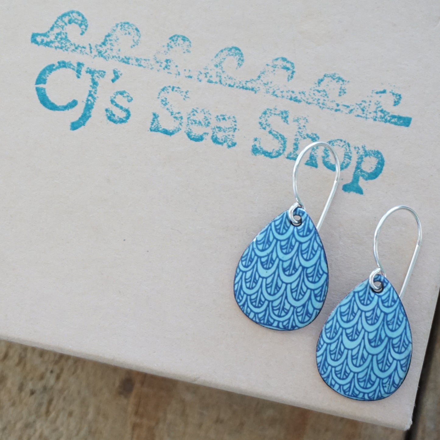 Blue Mermaid Scale Accents on Light Blue Enamel Teardrop Earrings