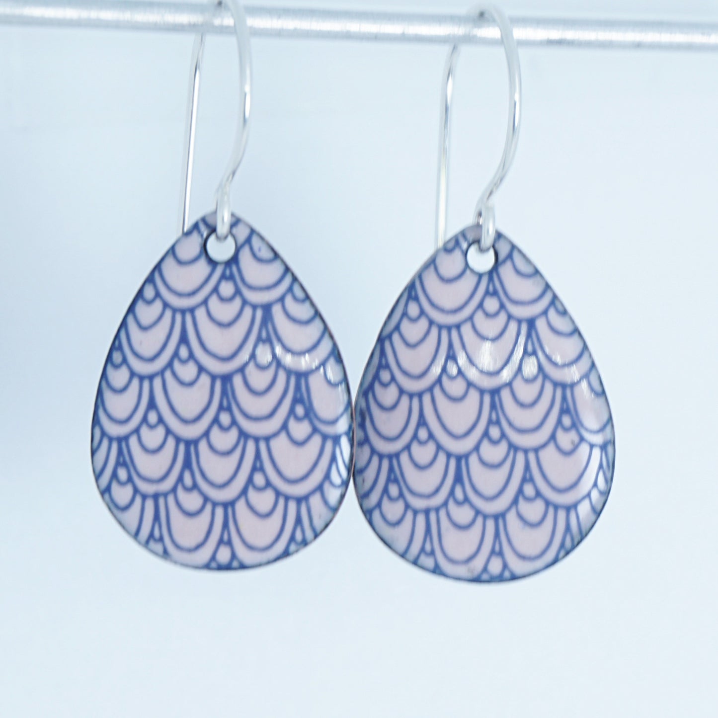 Blue Mermaid Scale Accents on Pink Enamel Teardrop Earrings