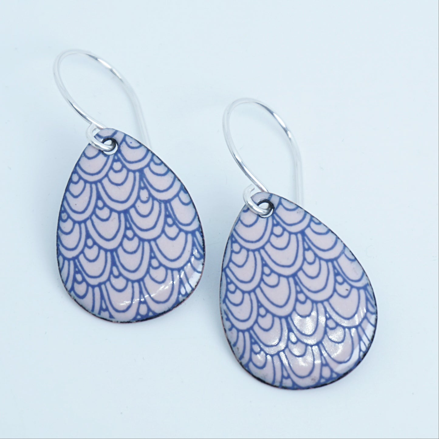 Blue Mermaid Scale Accents on Pink Enamel Teardrop Earrings