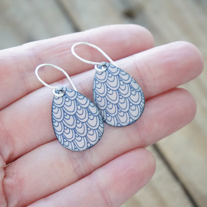 Blue Mermaid Scale Accents on Pink Enamel Teardrop Earrings