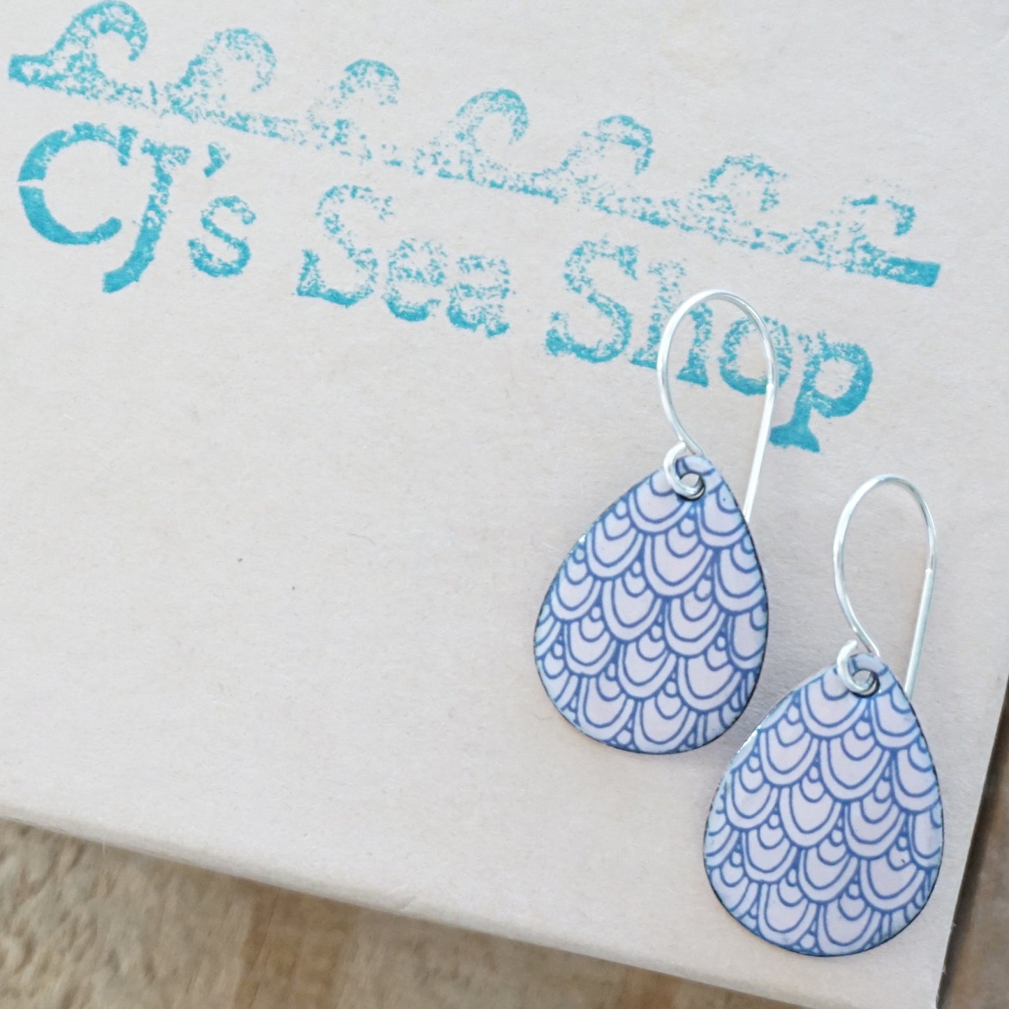 Blue Mermaid Scale Accents on Pink Enamel Teardrop Earrings