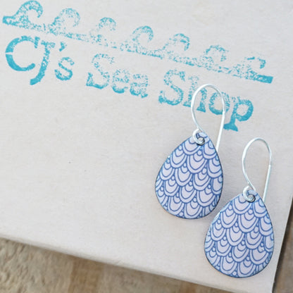 Blue Mermaid Scale Accents on Pink Enamel Teardrop Earrings