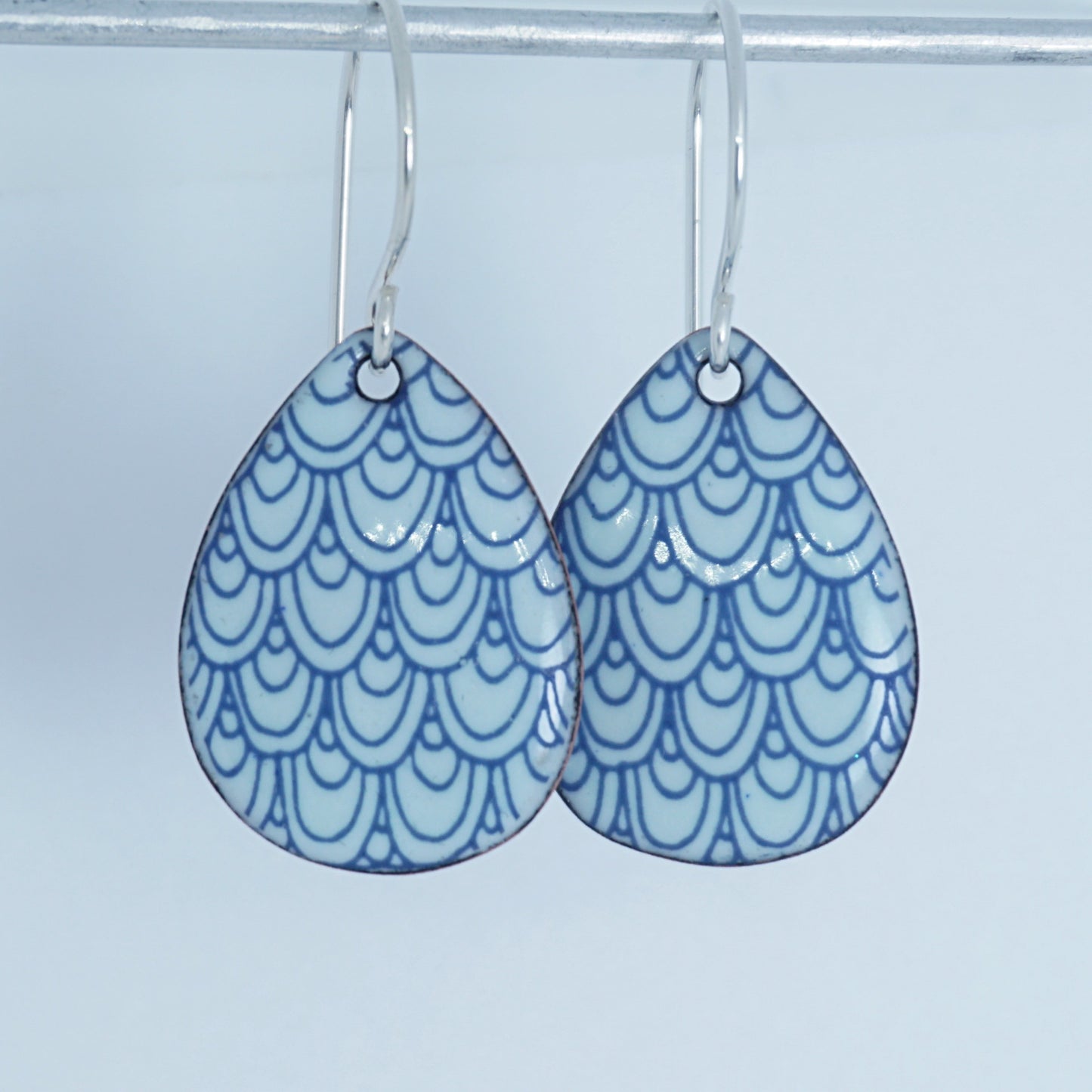 Blue Mermaid Scale Accents on Light Seafoam Green Enamel Teardrop Earrings