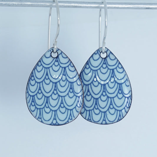 Blue Mermaid Scale Accents on Light Seafoam Green Enamel Teardrop Earrings