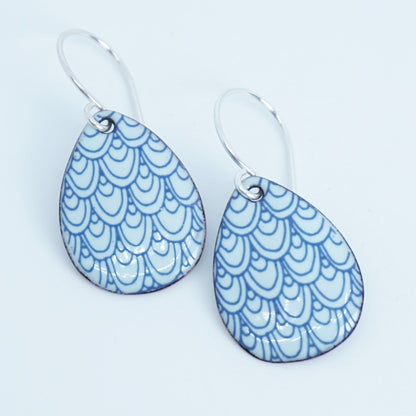 Blue Mermaid Scale Accents on Light Seafoam Green Enamel Teardrop Earrings