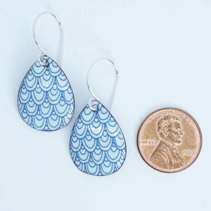 Blue Mermaid Scale Accents on Light Seafoam Green Enamel Teardrop Earrings