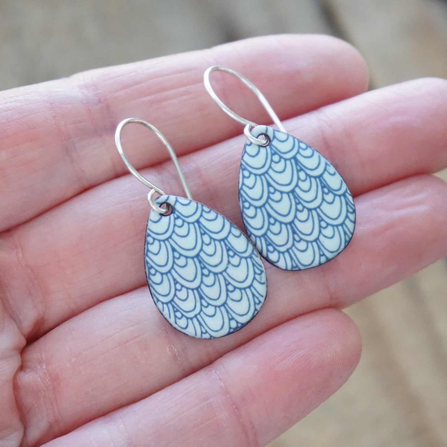 Blue Mermaid Scale Accents on Light Seafoam Green Enamel Teardrop Earrings