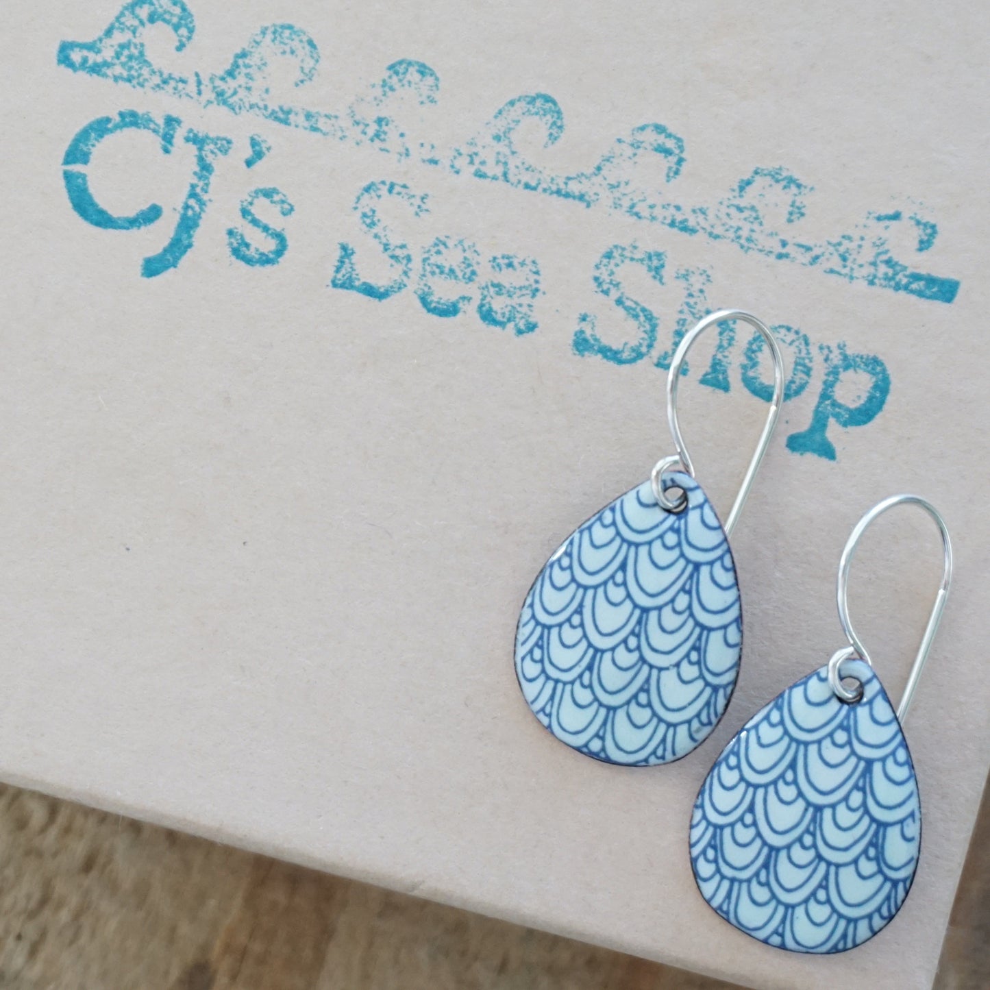 Blue Mermaid Scale Accents on Light Seafoam Green Enamel Teardrop Earrings